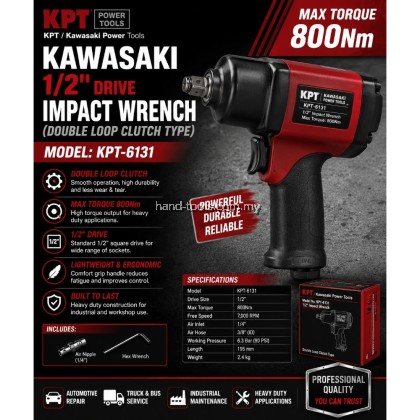 KAWASAKI KPT-6131 1/2" Drive Impact Wrench (Double Loop Clutch Type) with Max Torque 800Nm